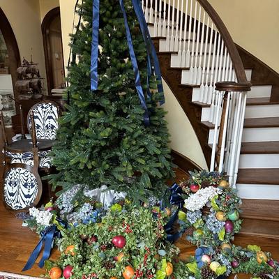 8' TREE, CHRISTMAS WREATHS, GARLAND AS PICTURED