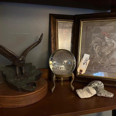 MICHAEL GARMAN EAGLE, ART GLASS PAPERWEIGHT ROCKS, CHICKEN FRAMED ART