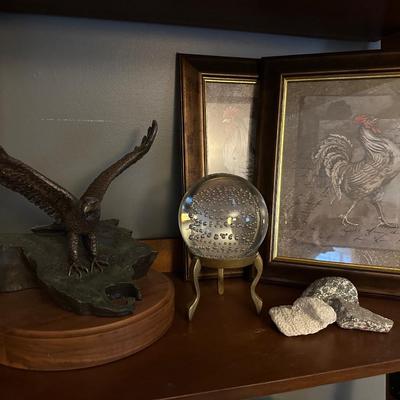 MICHAEL GARMAN EAGLE, ART GLASS PAPERWEIGHT ROCKS, CHICKEN FRAMED ART