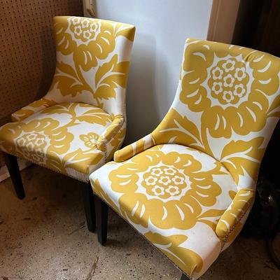 PAIR GOLD WHITE ACCENT CHAIRS, A FEW SPOTS, NEEDS CLEANING