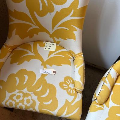 PAIR GOLD WHITE ACCENT CHAIRS, A FEW SPOTS, NEEDS CLEANING