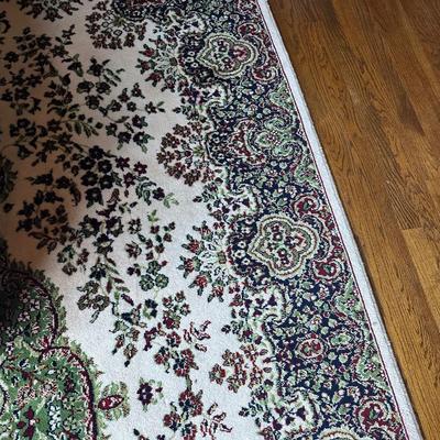 BEIGE AREA RUG BLUE GREEN WINE ACCENTS 114"X73"