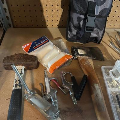 MISC TOOLS, SM SLEDGEHAMMER, HATCHET, FOLDING SMALL SHOVEL, SCREWDRIVERS, PEG BRACKETS, PICTURE HANGING & MORE!