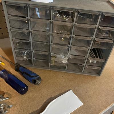 MISC TOOLS, SM SLEDGEHAMMER, HATCHET, FOLDING SMALL SHOVEL, SCREWDRIVERS, PEG BRACKETS, PICTURE HANGING & MORE!