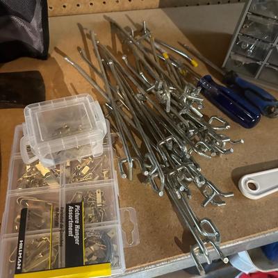 MISC TOOLS, SM SLEDGEHAMMER, HATCHET, FOLDING SMALL SHOVEL, SCREWDRIVERS, PEG BRACKETS, PICTURE HANGING & MORE!