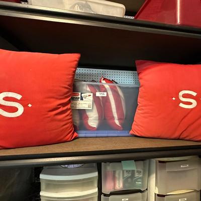 4 RED WHITE STRIPED PILLOWS, TWO WITH LETTER S