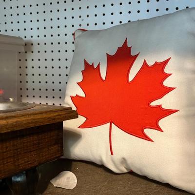 LEAF PILLPW RED WHITE BLUE PILLOW. DOG FEEDER, SERVING CUPS, PLATES