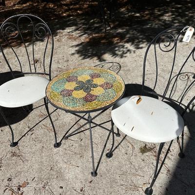 MOSAIC TABLE, 2 CHAIRS, SEATS NEED NEW UPHOLSTERY