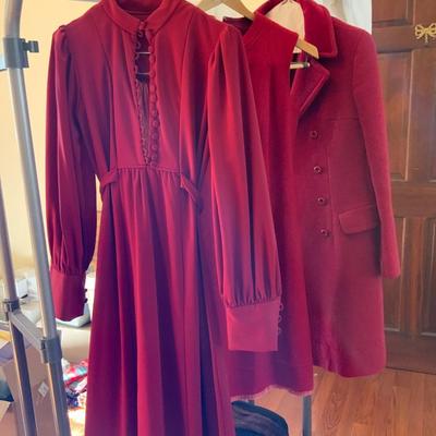 Lot of maroon colored Vintage clothing including a wool coat.