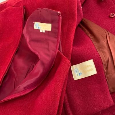 Lot of maroon colored Vintage clothing including a wool coat.