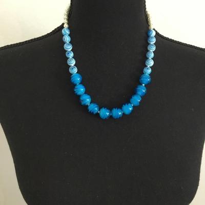 Gorgeous, blue glass, bead, & faux pearl toggle clasp fashion, necklace