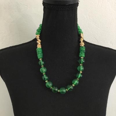 Mid century, gold, toned, green beaded statement, necklace