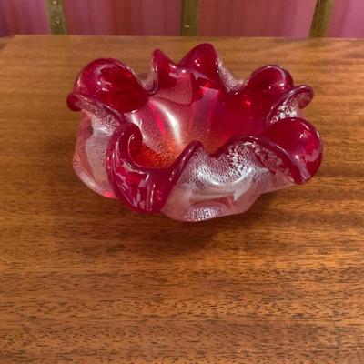 Vintage Murano Art Glass Red w/silver Ashtray Italian Art