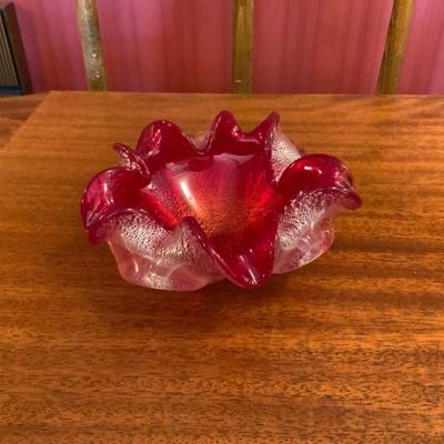 Vintage Murano Art Glass Red w/silver Ashtray Italian Art