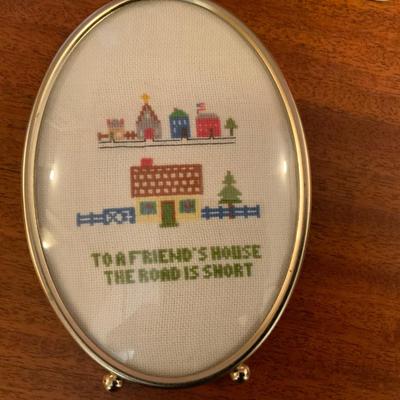 Vintage Lot of household decorations including a cross stitch picture in a bubble frame