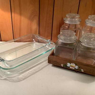 Canister set, wooden swivel, 2 Pyrex