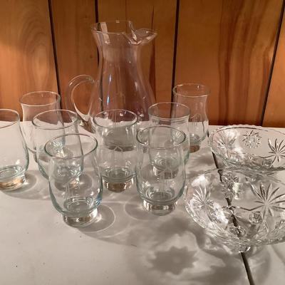 "F" pitcher and 8 glasses, footed, relish lot