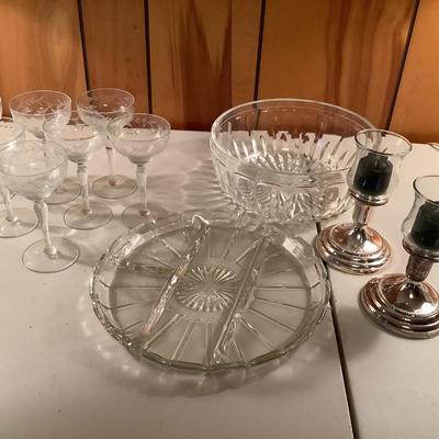 6 crystal stemware, tray, Gorham candlestick, bowl lot
