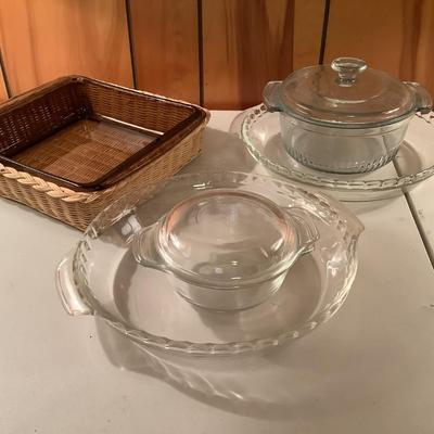 Brown Pyrex w/basket, Anchor Hocking bowl lid lot