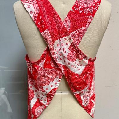 Homemade Vintage Apron red and white cotton with crossover straps