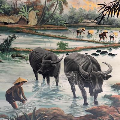 Mid-Century Style Lacquer Painting of Asian Farming (B3-DZ)