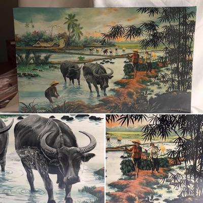 Mid-Century Style Lacquer Painting of Asian Farming (B3-DZ)