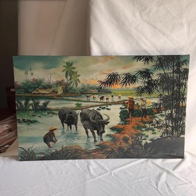 Mid-Century Style Lacquer Painting of Asian Farming (B3-DZ)