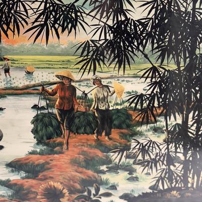 Mid-Century Style Lacquer Painting of Asian Farming (B3-DZ)