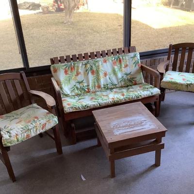 Patio set-bench rocker 34"H 48"L 24"depth, 2 chairs 33"H 29"L 23"depth, and table 18"H 22"x22"