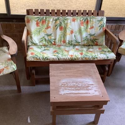Patio set-bench rocker 34"H 48"L 24"depth, 2 chairs 33"H 29"L 23"depth, and table 18"H 22"x22"