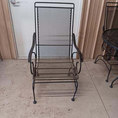 QUALITY WROUGHT IRON MESH PATIO TABLE W/6 ROCKING IRON CHAIRS