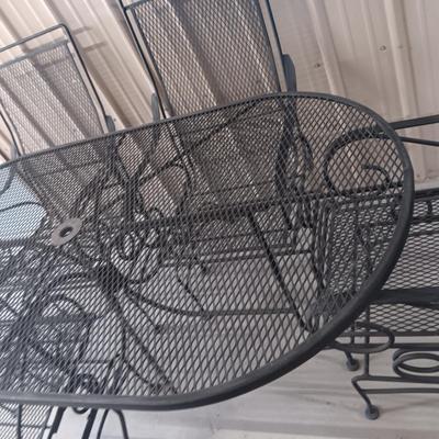 QUALITY WROUGHT IRON MESH PATIO TABLE W/6 ROCKING IRON CHAIRS