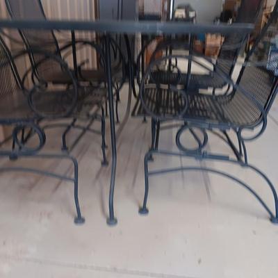 QUALITY WROUGHT IRON MESH PATIO TABLE W/6 ROCKING IRON CHAIRS