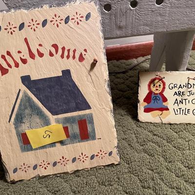 Slate signs, lamp and small step stool