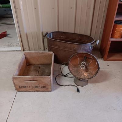 WOODEN CRATE, VINTAGE WORKING HEATER AND A BOILER