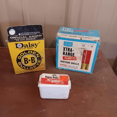 PARTIAL BOXES OF DAISY AND CROSMAN B-B's AND A FULL BOX OF 16 GAUGE SHOTGUN SHELLS