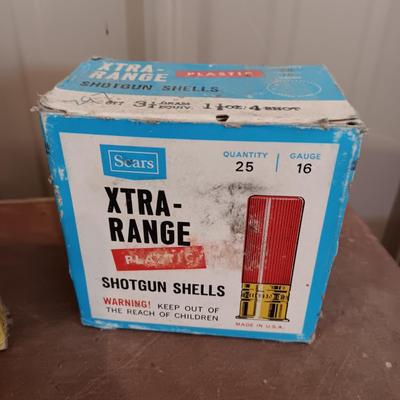 PARTIAL BOXES OF DAISY AND CROSMAN B-B's AND A FULL BOX OF 16 GAUGE SHOTGUN SHELLS