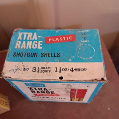 PARTIAL BOXES OF DAISY AND CROSMAN B-B's AND A FULL BOX OF 16 GAUGE SHOTGUN SHELLS