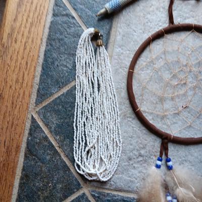 CHILD'S FUR AND LEATHER MOCCASINS, BEADED NECKLACE AND PEN, DREAM CATCHER AND BRASS BOWL