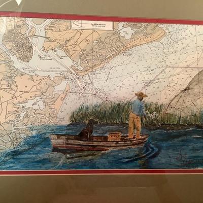 Map and cast net fisherman with dog art framed 16"H 22"W