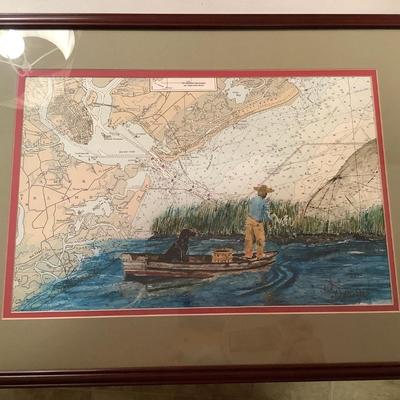 Map and cast net fisherman with dog art framed 16"H 22"W