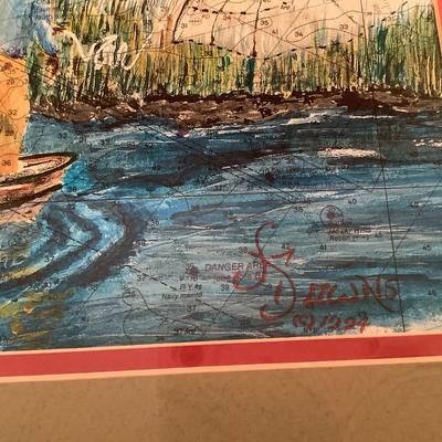 Map and cast net fisherman with dog art framed 16"H 22"W