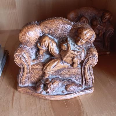 VARIETY OF BOOKS, BOOK ENDS AND A CAST IRON DOOR STOP