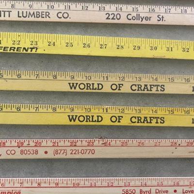 ADVERTISING YARDSTICKS, GLOBE WERNICKE WOODEN FILE BOX AND KNITTING BASKET