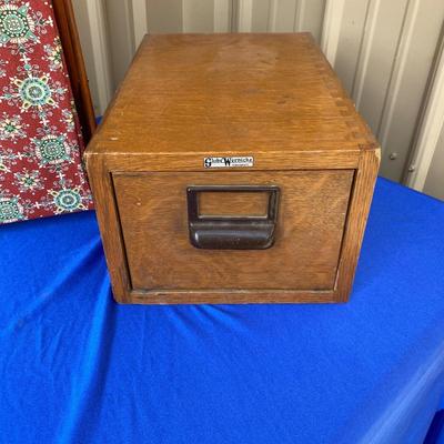 ADVERTISING YARDSTICKS, GLOBE WERNICKE WOODEN FILE BOX AND KNITTING BASKET