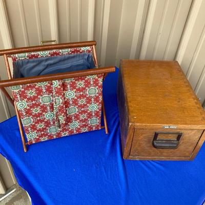 ADVERTISING YARDSTICKS, GLOBE WERNICKE WOODEN FILE BOX AND KNITTING BASKET