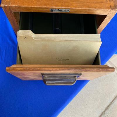ADVERTISING YARDSTICKS, GLOBE WERNICKE WOODEN FILE BOX AND KNITTING BASKET