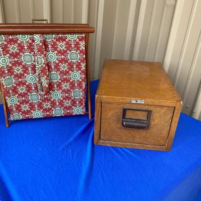 ADVERTISING YARDSTICKS, GLOBE WERNICKE WOODEN FILE BOX AND KNITTING BASKET