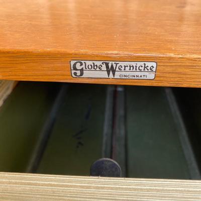ADVERTISING YARDSTICKS, GLOBE WERNICKE WOODEN FILE BOX AND KNITTING BASKET