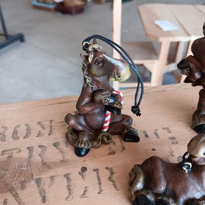 HALLMARK SANTA, DILLARD'S SANTA BOOTS & HANDCRAFTED GOOFY HORSE ORNAMENTS PLUS CHRISTMAS SHAKERS